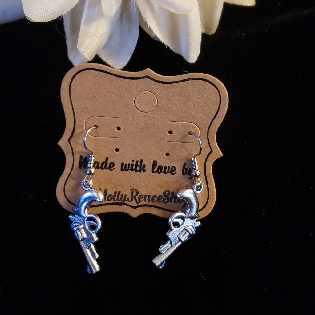 Gun Dangle Metal Earrings Revolver